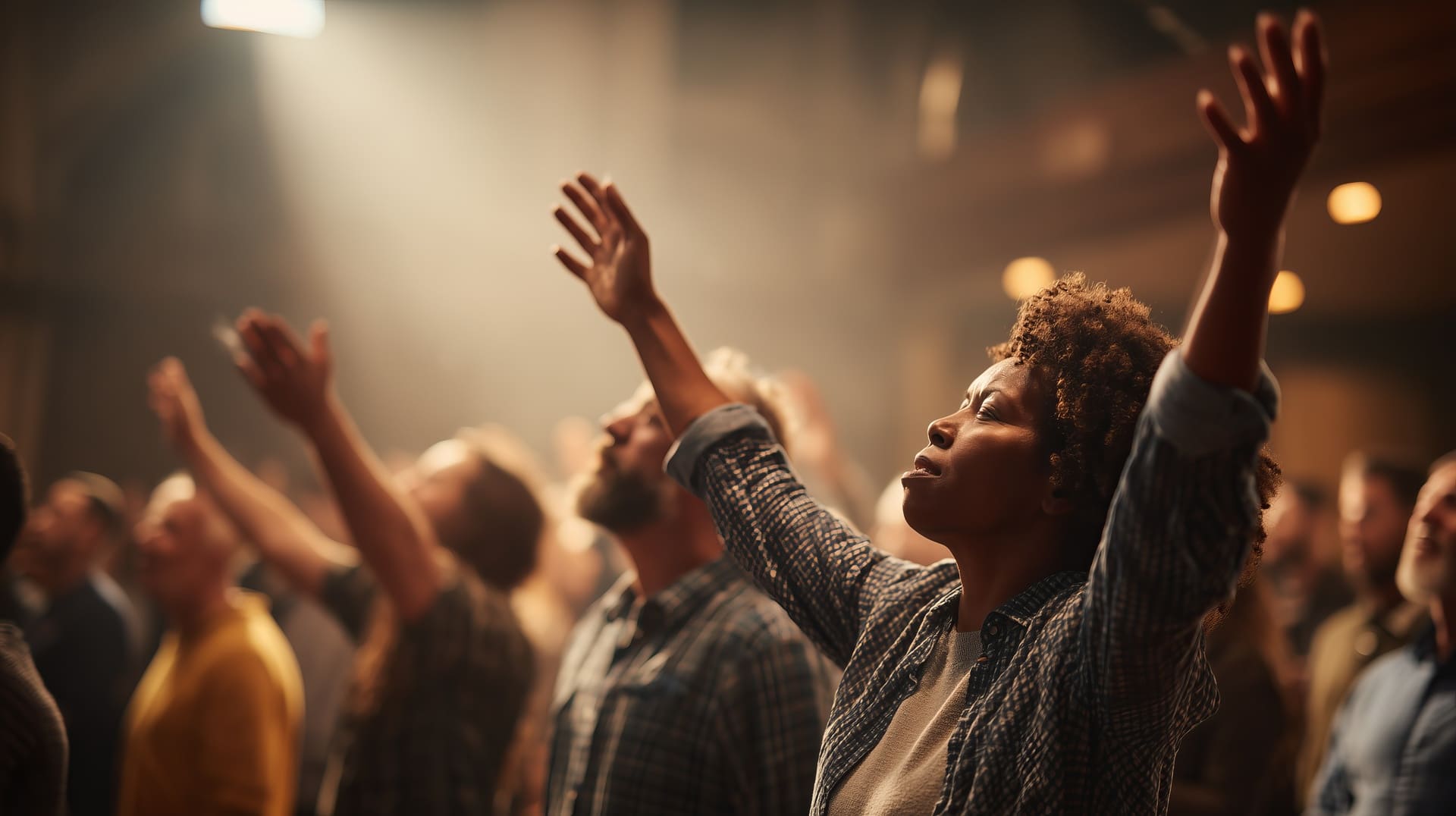 Church congregation worshiping with raised hands, representing community engagement and connection.