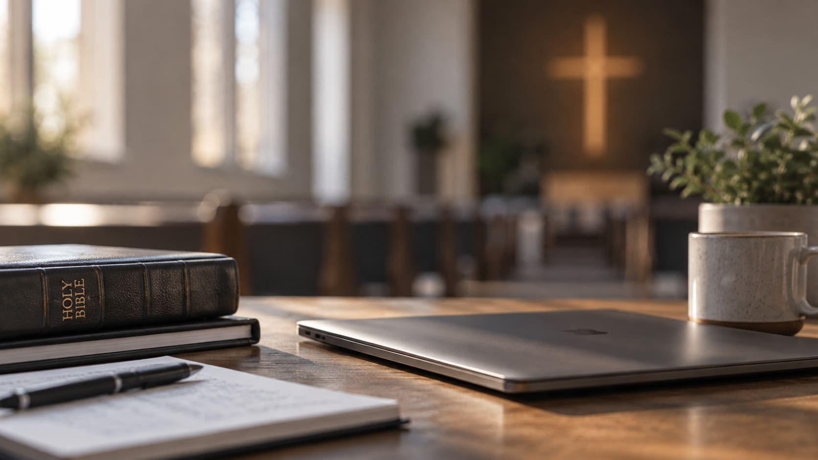 Bible, notebook, and laptop in a church sanctuary